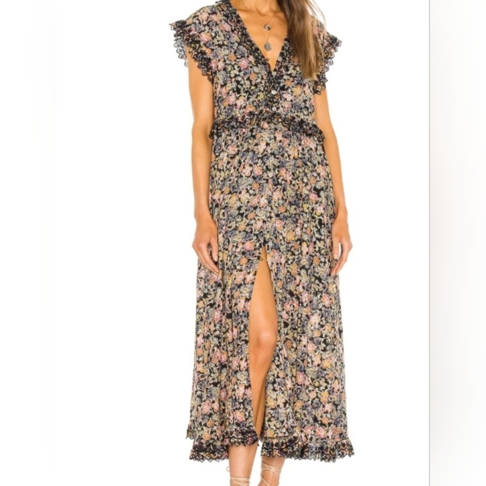 Free People Black Floral Maxi Dress with Pink & Cream Accents